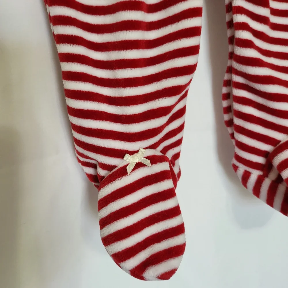 Ralph Lauren Girls Red & White Striped Velour Ruffled Neck Footed One Piece 6 Mo
